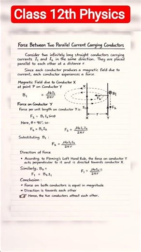 Magnetic force between two parallel current carrying conductor#shorts #physics