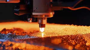 Extreme closeup of a metal 3D printer melting and shaping metal powder in a process called SLM selective laser melting..