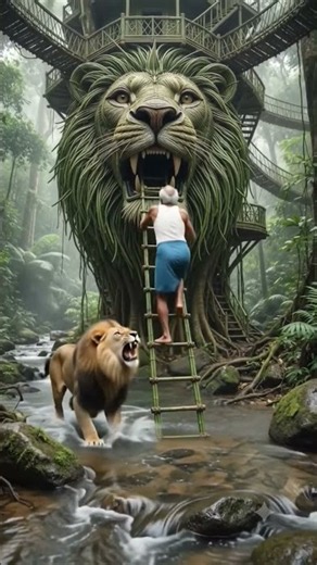 I Built a Jungle Survial Tree House in Lion Territory Using Bamboo & Rattan 🦁#survival #diy #shorts