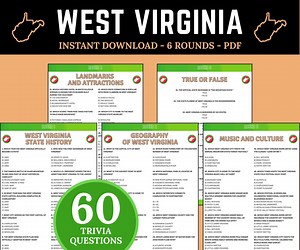 West Virginia Trivia Game, Printable West Virginia Quiz, US States Trivia, Learn West Virginia Geography Quiz, US Geography Trivia Questions - Etsy