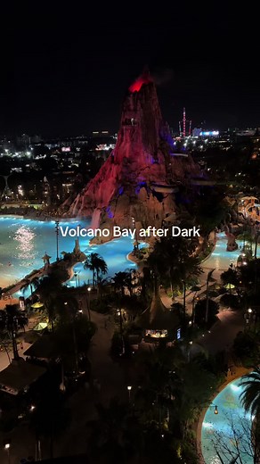 The night time views of Volcano Bay from a room at Universal Cabana Bay are insane! You have to experience this at least once! #volcanobay #florida #floridavacation #cabanabaybeachresort #universalorlando