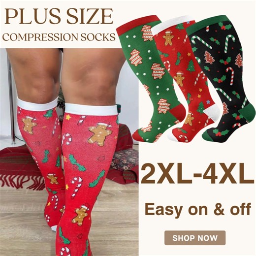 🎄 Christmas Special Design! Plus-Size Compression Socks – Comfort & Style! ❄️ This holiday season, treat yourself (or someone you love!) to the perfect gift—our plus-size compression socks! Designed for all-day comfort, they provide graduated support, reduce leg fatigue, and add a festive touch to any outfit. ✅ Super stretchy – fits snug but never tight ✅ Breathable fabric – stay comfy all day ✅ Fun holiday prints – jolly & stylish 👉 Shop now & step into comfort this Christmas! | Plusock