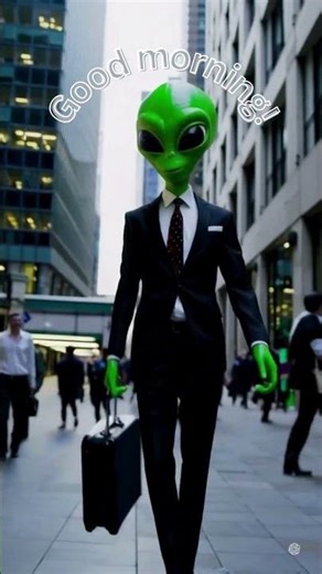 Green Alien Walks Funny Good Morning from the City 🌆 #shortsvideo #greenalien