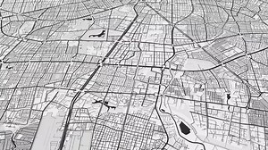 Black and white Bogota map background loop. Spinning around Colombia city air footage. Seamless panorama rotating over downtown backdrop.