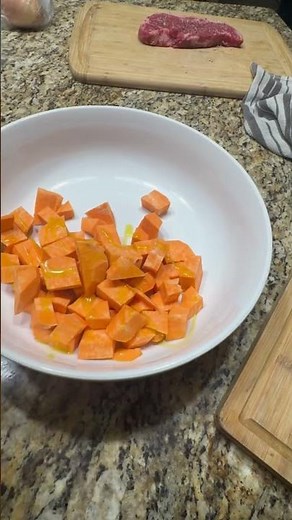 Quick dinner 20 minutes by strip steak and sweet potatoes with onion and mushroom