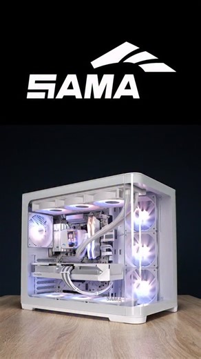 Ronald Bodinger on Instagram: "This is the cinematic b-roll of our finished SAMA V60 build — no talk, slow moves, and a clean look. The SAMA V60 brings curved glass, a dual-chamber layout, and back-connect readiness with seven ARGB fans included. Cooling is handled by the SAMA L70 360 AIO (white) with a 360 mm radiator, ceramic pump, and an infinity-mirror cap, while power comes from the SAMA G-Series 1000 W (ATX 3.1, native 12V-2×6). For graphics, we’re running the PowerColor Hellhound RX 9070 