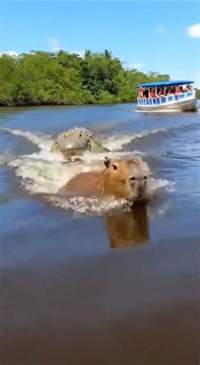 Capybara Escapes a Croc by Jumping Onto a Passing Boat