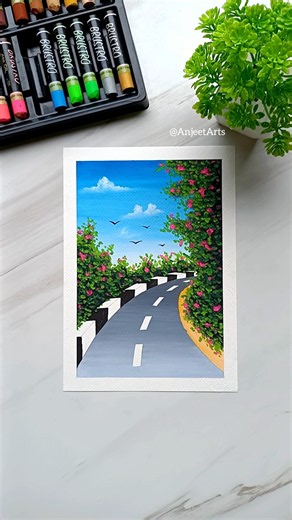 🌷 Easy Flower Road Landscape | Oil Pastels #Shorts