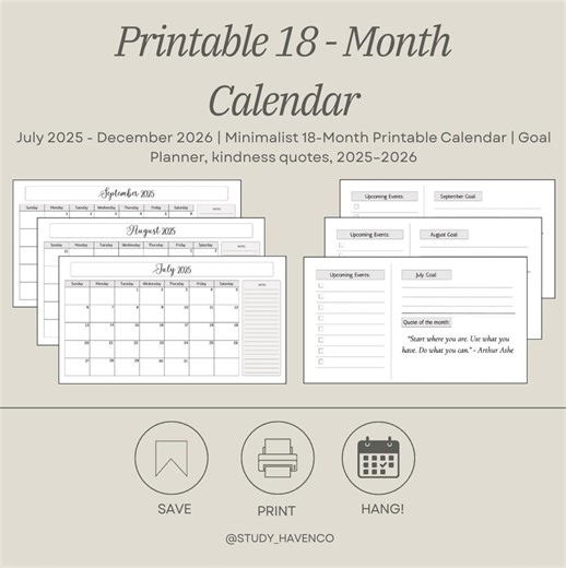 18-month Printable Calendar 2025-2026: Minimalist Goal Planner (digital Download A4/letter Size) - Etsy