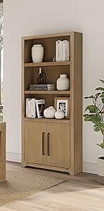 Martin Furniture Modern Wood Bookcase with Doors, Office Shelving, Storage Cabinet, Fully Assembled, Light Brown