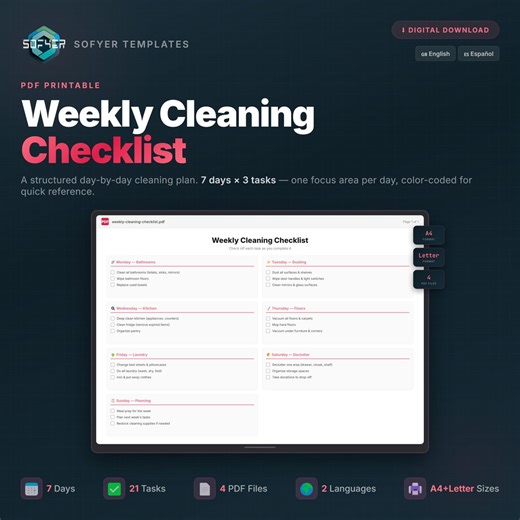 Weekly Cleaning Checklist Printable: 7-Day House Cleaning Schedule & Planner (PDF Download)