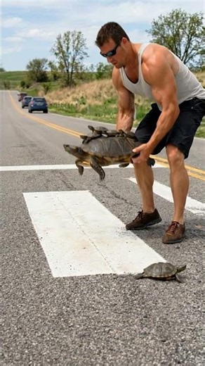 The man rescued the turtle and its baby on the highway.