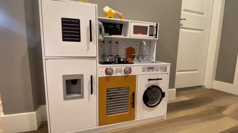 Babytronic Wooden Kitchen Playset for Kids, Interactive Play Kitchen with Lights & Sounds, Children Pretend Toy Kitchen Set with Faucet, Oven, Microwave, Kitchenware for Toddlers Ages 3+ (White)