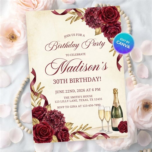 Red Rose Birthday Dinner Invitation Animated, Elegant Floral Birthday Evite, Editable Canva Template, Romantic Red Roses Party Invite - Etsy