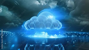 Cloud computing concept video illustration. Cloud technology background with a cloud morphing and fiber electricity and data network as base. Digital innovation cloud storage and resources.
