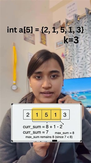 Gyani Kumari on Instagram: "Stop getting REJECTED in Coding Interviews! 🛑 Agar interviewer ne “Max Sum Subarray of size K” pucha hai, toh nested loops O(N*K) bolne ki galti mat karna. Wo seedha rejection ka rasta hai! 🙅‍♀️ Seekho Sliding Window technique jo is problem ko O(N) mein solve karti hai: 1️⃣ Pehle window ka sum nikal lo. 2️⃣ Window ko slide karo: Next Element (+) Karo, Previous Element (-) Karo. 3️⃣ Har step par max_sum update karte chalo. Sirf 1 loop aur selection pakka! 🚀 Complexi