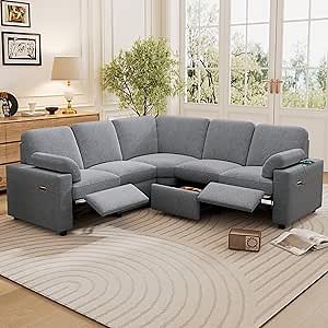 Merax 89" Power Recliner Sectional Sofa with USB Ports and Two Storage Drawers, Modern Home Theater Reclining Corner Couch, Linen Fabric Living Room Furniture Sets, 5 Seats-L Shape, Gray