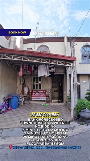 BANK FORECLOSED🏠 TOWNHOUSE AS IS WHERE IS NO BIDDING BELOW MARKET PRICE PAUNAHAN LANG🙏🏼 • 3 MINUTES TO METROSOUTH HOSPITAL • 5 MINUTES TO SM MOLINO • 5 MINUTES TO DAANGHARI • 25 MINUTES TO ALABANG • 40 MINUTES TO MANILA • MALAPIT SA MGA SCHOOL AT PALENGKE LOCATION: VILLA VIEJA, MOLINO BACOOR CAVITE LOT AREA: 44 SQM FLOOR AREA: 58 SQM Price: ₱2,550,000 ONLY 20% SPOT DOWNPAYMENT 80% BANK LOAN UP TO 20 YEARS NOTE: BANK CHARGES ANG TRANSFER OF TITLE FEES ARE NOT INCLUDED. It is separate payment s