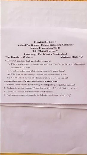 BSc Physics 5th sem|| Internal test|| Vector Atomic Model|| #ddugu #internalexam #bscphysics #test