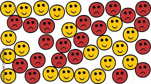 Many smile faces bouncing each other. Happy yellow faces and sad red faces in cartoon style. 4k animation. Hand drawn characters. Stock Video