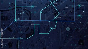 3D Rendering Top view City map with navigator line and destination GPS Technology transportation, Futuristic user interface, HUD Head-up display. Technology and futuristic concept