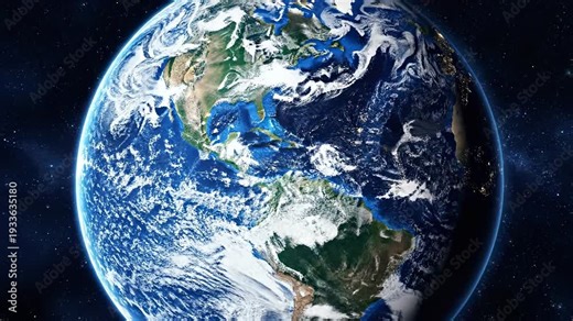 Vast Blue Earth Globe Rotating in Deep Space Showing North and South America Continents with Clouds and City Lights Visible
