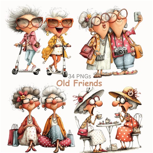 Elderly Friends Clipart: Watercolor Cartoon Women Illustration (digital Download) - Etsy