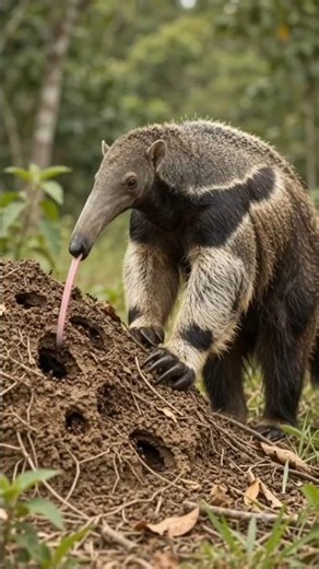 A giant anteater uses its incredibly long, sticky tongue to collect ants from a busy colony. 🐜