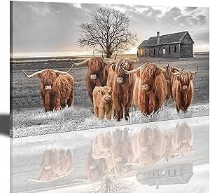 Highland Cow Wall Art Canvas 24x48 inches Scottish Cow Pictures Wall Décor Farmhouse Animal Painting Artwork for Kitchen