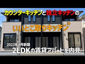 カウンターキッチンと独立キッチンのいいとこ取りや🤩2023年4月新築の2LDK賃貸物件のルームツアー🤗柱の無いツーバイフォー工法で広々空間のアパートを内見