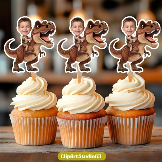 Dinosaur Face Cupcake Toppers, Personalized Dinosaur Photo Cupcake Toppers, T-rex Party, Dinosaur Birthday Decor, Custom Dinosaur Topper - Etsy