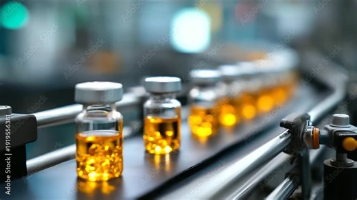 Visual inspection of ampoules injection manufacturing line heavily defocused pharmaceutical background glass vial bottles on conveyor belt pharma production factory process lat