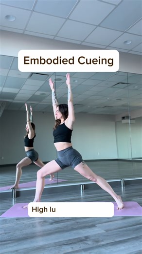 We all use different cues and techniques to help students arrive in poses. Embodied cueing isn’t about adding more words — it’s about creating an experience. By layering proprioceptive, neuromuscular, and somatic cues, teachers help the body understand the pose from the inside out — so it lands with clarity instead of flailing. High Lunge → Warrior II cues for you: • Keep your front foot grounded • Spin the back heel down, open the hips like a door • T the arms as you open • Gently squeeze the i