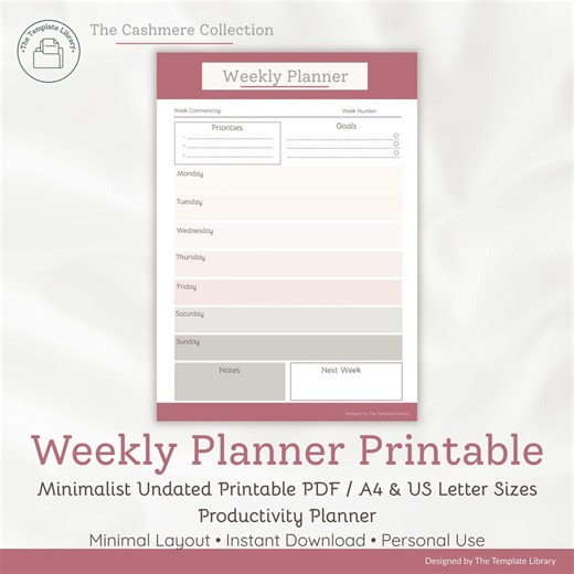 Minimalist Weekly Planner Printable | Undated Weekly Planner PDF | A4 & US Letter | Instant Download - Etsy
