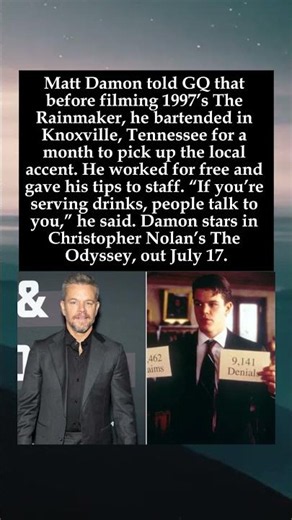 Matt Damon Bartended in Tennessee to Learn Accent for The Rainmaker #MattDamon #TheRainmaker