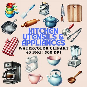 Watercolor Kitchen Utensils Clipart: 40 Pngs, Cooking Tools (digital Download) - Etsy
