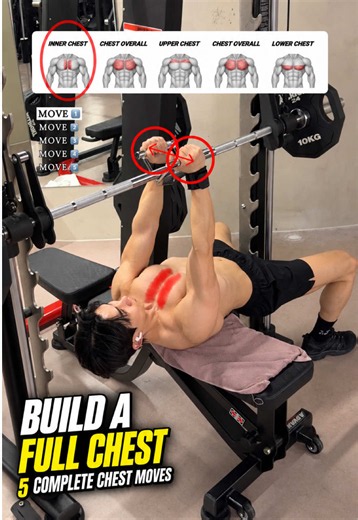 🔽가슴 안쪽부터 바깥쪽까지 전체를 자극하는 운동 루틴 5가지🔽 🔸5 chest exercises complete inner outer & upper chest workout🔥 1. V바 체스트 프레스(v-bar chest press) - V바를 양손으로 잡고 팔꿈치를 자연스럽게 굽힌 상태에서 가슴 앞쪽으로 밀어내면 가슴 안쪽(inner chest)의 수축감을 높이는 데 효과적입니다. 2. 기본 벤치 프레스(bench press) - 플랫 벤치에 누워 바벨을 어깨너비보다 약간 넓게 잡고 가슴 방향으로 내렸다 밀어 올리면 가슴 전체(chest overall)를 자극해 전체적인 가슴 볼륨을 높이는 데 효과적입니다. 3. 인클라인 벤치 프레스(incline barbell bench press) - 벤치 각도를 약 15-30도로 설정하고 바벨을 윗가슴 방향으로 내렸다 밀어 올리면 상부 가슴(upper chest)을 중심으로 자극해 가슴 위쪽의 두께를 키우는 데 효과적입니다. 4. 덤벨