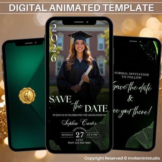 Green College Graduation Save the Date Invitation, Modern Video Invite Canva Template, Editable and Instant Download for Graduation Party - Etsy