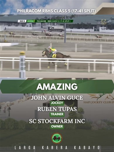 Philippine Jockey Club, Padre Garcia Batangas. January 31, 2026 (Saturday) R 06 – PHILRACOM RBHS CLASS 5 (17-41 SPLIT) Winning Horse: AMAZING Owner: SC Stockfarm Inc Trainer: Ruben S Tupas Quarter Times: 13’ 23 24 26 = 1:26.2 - 1,400M Please don't forget to LIKE SHARE FOLLOW AND SUBSCRIBE 🏇❤️ 🎥 Philippine Jockey Club #HorseRacing #Jockey #PhilippineJockeyClub #LargaKareraKabayo | Larga Karera Kabayo