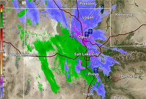9 am Radar Update - Our latest radar loop from Sunday morning across northern Utah shows us where rain is detected (shown in green) versus snow (purples). Little change is expected today; as such expect rain throughout the day in the valleys and snow in the mountains. #UTwx | US National Weather Service Salt Lake City Utah