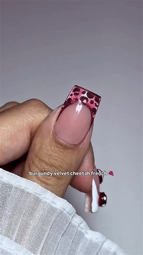 Montreal Nail Tech and Educator🇨🇦💫 on Instagram: "VELVET CHEETAH FRENCH🍇🐆 saw this set and lost my mind over it i knew I had to make it into this french🙏🏻✨ -inspo: @makaylathemanicurist - - - - - - - - - plaid nails, Christmas nails, watch me work nails, nail tutorial, nail inspo, nail art, winter nails, burgundy nails, natural nails, Sweater nails, bow nails, #fblifestyle , snowflake nails, glitter nails, leopard nails, velvet cheetah"