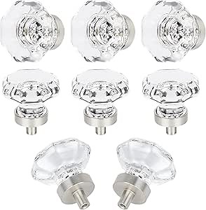 8 PCS Glass Crystal Dresser Cabinet Knobs Brushed Nickel, Octagon Knobs and Pulls for Dresser Drawers, Bathroom Kitchen Cabinet Drawer Knobs Set, LS-014
