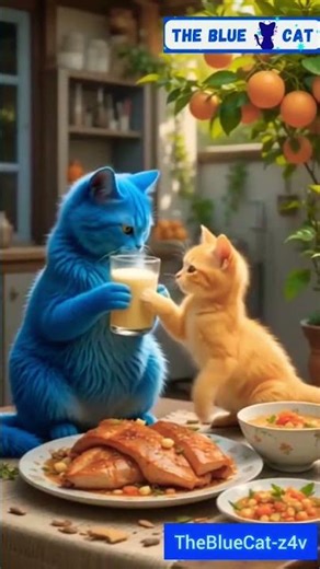 Blue cat cooking for poor kitten #bluecathelping #ai #cat #funny #trending #cute #cartoon