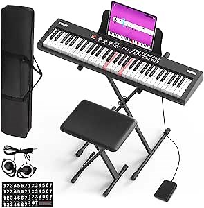 Fesley Electric Piano Keyboard: Portable 61 Key Full Size Musical Electronic Keyboard for Beginner with Stand, MIDI, Stickers, Headphones, Bluetooth