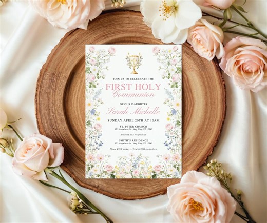 First Holy Communion Invitation Template, Girls Floral Catholic Invite, Wildflower Printable 5x7, Canva Editable, Instant Download FCI009 - Etsy