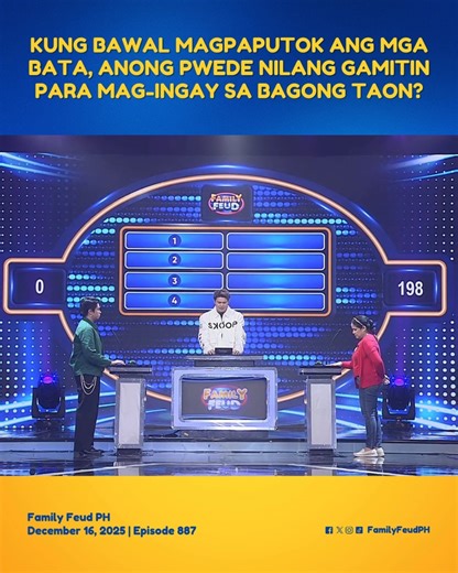 67K views · 1.2K reactions | #FamilyFeudPH #Highlights: Kung bawal magpaputok ang mga bata, anong pwede nilang gamitin para mag-ingay sa bagong taon? Araw-araw ang tawanan at araw-araw ang kasiyahan dahil 100% guaranteed na ‘More Tawa, More Saya’ dito lang sa ating programa! Bumisita sa gmanetwork.com/familyfeud at panoorin ang Kapuso Stream, weekdays, 5:40 PM sa Facebook at YouTube ng Family Feud PH. | Family Feud Philippines | Facebook