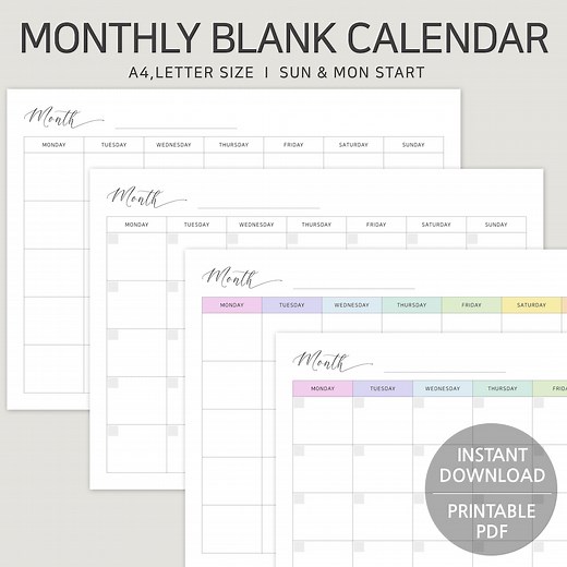 Blank Monthly Calendar: Minimalist Printable Planner (PDF) - Etsy