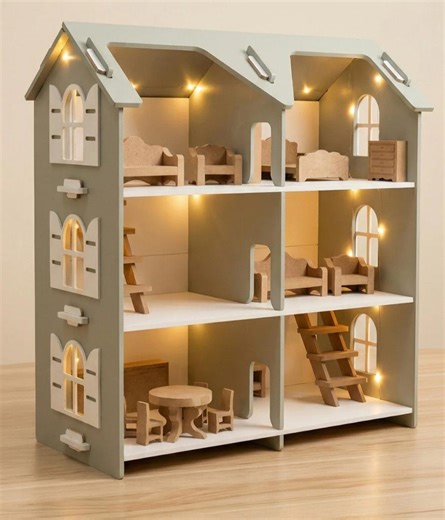 Wooden Dollhouse With LED Lights & Furniture – Montessori Toy for Boys – Minimalist Doll House – Kids Room Decor – Gift for Boys - Etsy