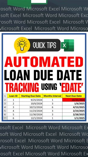 79K views · 539 reactions | Automate Your Loan Due Date Tracking Using EDATE in Excel: Conditional Formatting for Upcoming Payments. Keep on learning! 類 #ExcelTips #ExcelHacks #ExcelTutorials | DieT | Facebook