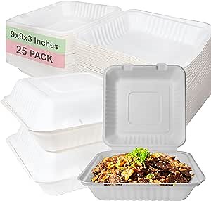 Amazon.com: 350 Count - Biodegradable 9x9 Take Out Food Containers with Clamshell Hinged Lid - Eco Friendly Sugarcane Bagasse 100% Compostable, Recyclable, ToGo, Restaurant Carry Out, Party Take Home Boxes: Industrial & Scientific